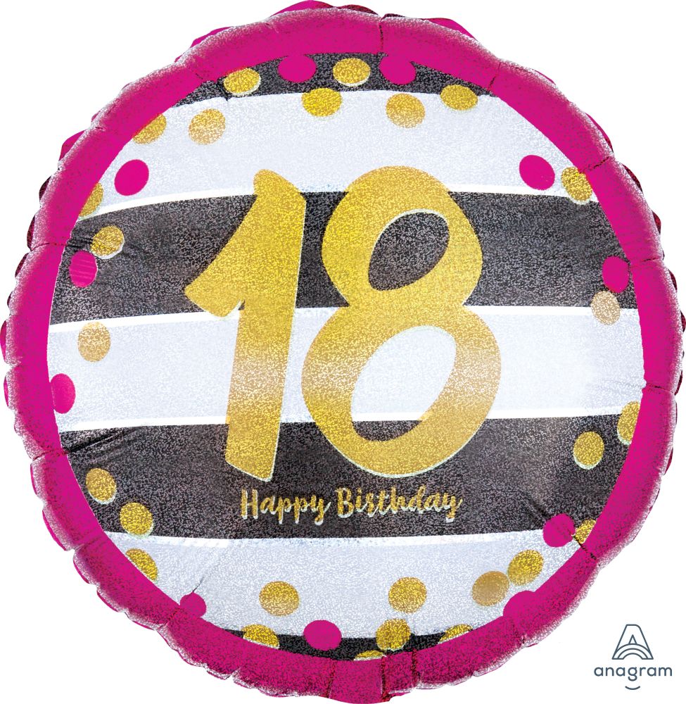 Happy Birthday 18 Holographic Pink & Gold Standard Foil Balloon