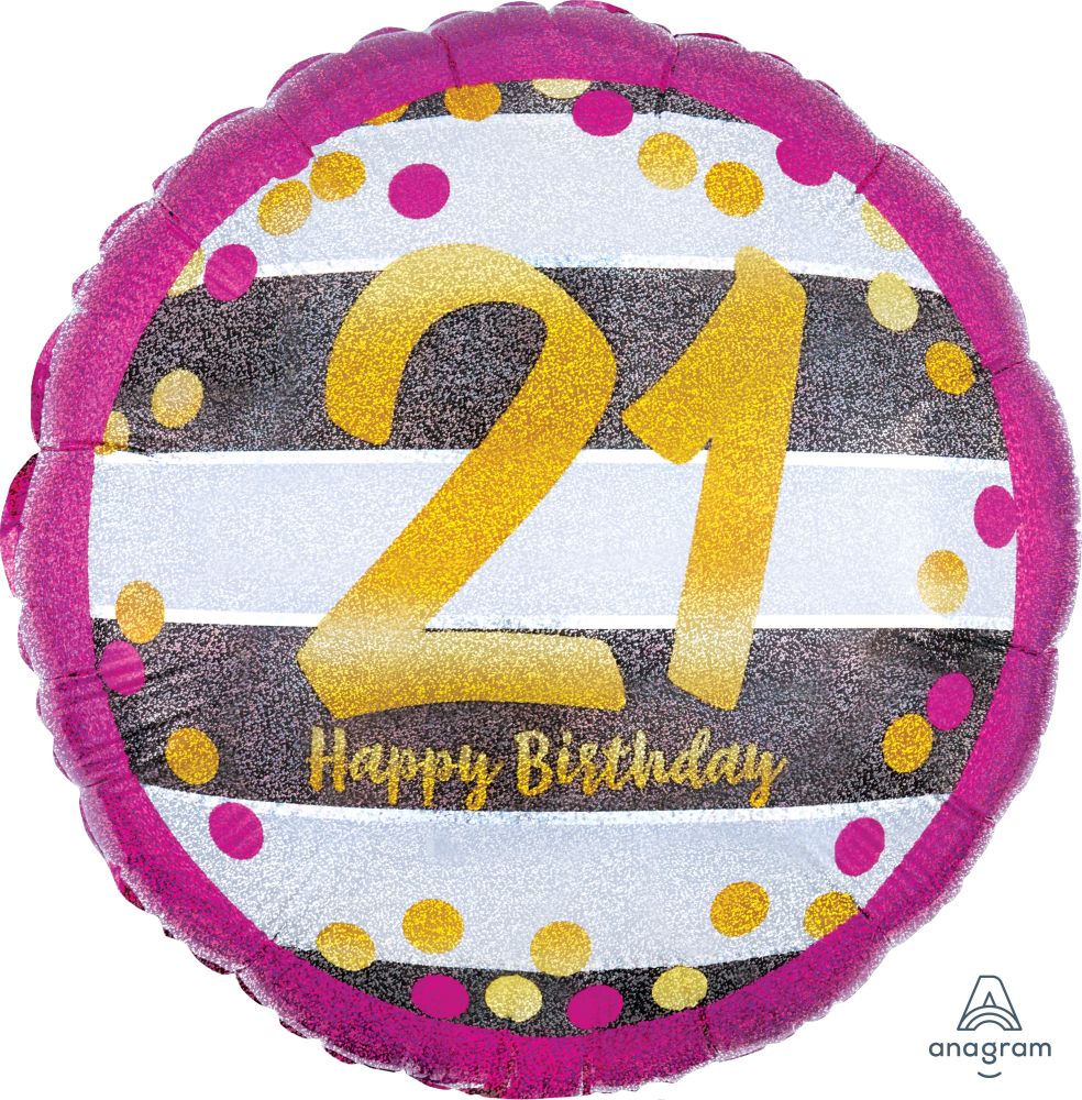 Happy Birthday 21 Holographic Pink & Gold Milestone Standard Foil Balloon