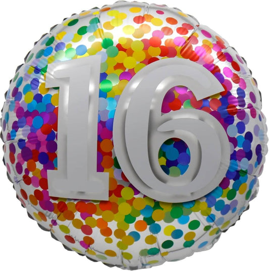 Birthday Milestone 16 Rainbow Confetti Standard Foil Balloon
